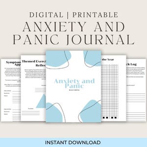 May include: A digital printable anxiety and panic journal featuring multiple pages with black text on white paper. The cover page displays the title Anxiety and Panic Bullet Journal with light blue abstract shapes and thin black line accents.