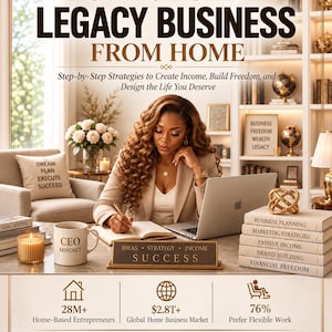 Könnte beinhalten: Eine Werbegrafik mit dem Titel How to Build a Legacy Business From Home, die eine Person zeigt, die neben einem Laptop in ein Notizbuch schreibt. Das Bild enthält Text über Geschäftsstrategien, Erfolg und Statistiken.