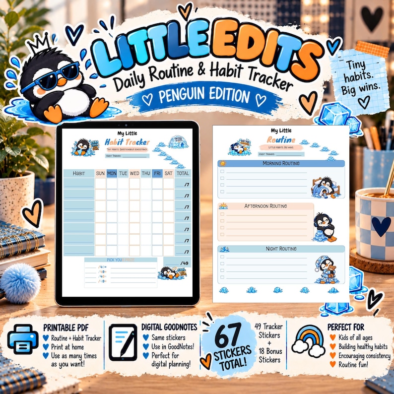 Kids Habit Tracker & Routine Chart | Penguin Edition | Printable PDF ...