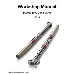 Könnte beinhalten: Ein weißes Werkstatthandbuch-Deckblatt für das 2014 MXMA 4800 Cone Valve von WP Performance Systems. Das Dokument zeigt das Firmenlogo, den Titeltext und eine Abbildung von zwei metallischen Federgabeln mit schwarzen und roten Markenaufklebern.
