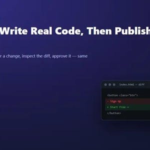 Può includere: Un'interfaccia digitale blu scuro con il testo Real-Time AI Coding, Watch AI Write Real Code, Then Publish Your Own, e Install the extension, ask for a change, inspect the diff, approve it — same sitting. Include una finestra di codice diff.