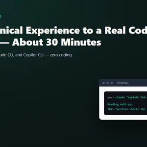 Könnte beinhalten: Eine dunkelgrüne Grafik mit dem Titel AI AGENT SETUP GUIDE und dem Text Zero Technical Experience to a Real Coding Assistant — About 30 Minutes. Sie listet VS Code, Claude CLI und Copilot CLI auf und zeigt ein Terminalfenster mit Code.