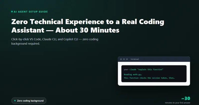 May include: A dark green graphic titled AI AGENT SETUP GUIDE with the text Zero Technical Experience to a Real Coding Assistant &mdash; About 30 Minutes. It lists VS Code, Claude CLI, and Copilot CLI, and shows a terminal window with code.