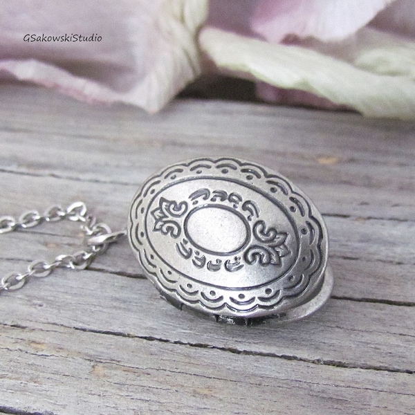 Ornate Locket Necklace, Small Oval Antique Silver Classic Locket Necklace, Layering Locket Necklace