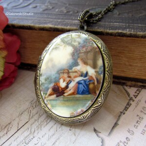 Vintage Inspired Fragonard Courting Scene Cameo Locket Necklace,  Antique Brass Large Oval Locket Necklace