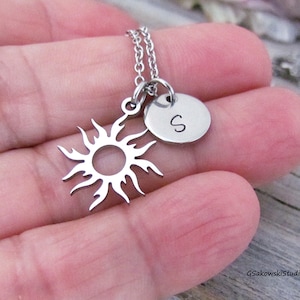 Stainless Steel Sun Charm Necklace, Personalized Hand Stamped Initial Minimalist Sun Necklace
