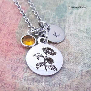 November Birth Month Chrysanthemum Flower Charm Necklace Stainless Steel Personalized November Chrysanthemum Charm Necklace