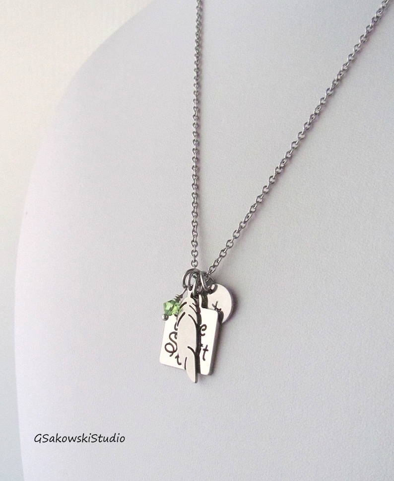 Free Spirit Feather Stainless Steel Charm Personalized Hand Stamped Initial Birthstone Tribal Boho Necklace