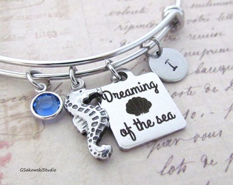 Dreaming of the Sea Seahorse Stainless Steel Charm Personalized Hand Stamped Initial Birthstone Nautical Bangle Bracelet