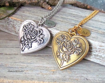 Personalized Heart Locket Necklace, Hand Stamped Initial Rose Heart Antique Gold/Silver Locket Necklace