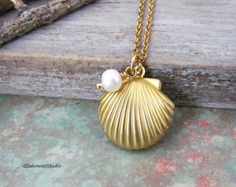 Sea Shell Locket Necklace, Gold Shell Locket Necklace, Pearl Sea Shell Locket Layering Necklace