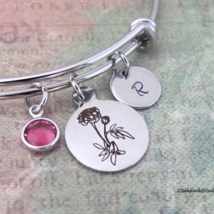 October Birth Month Marigold Flower Charm Bangle Stainless Steel Personalized October Marigold Flower Charm Bangle Bracelet