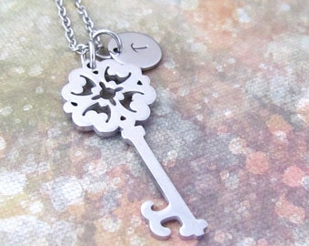 Stainless Steel Key Charm Necklace, Personalized Hand Stamped Initial Minimalist Skeleton Key Charm Necklace