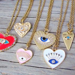 Evil Eye Necklace, Evil Eye Heart Pendant Gold Necklace, Evil Eye Layering Necklace