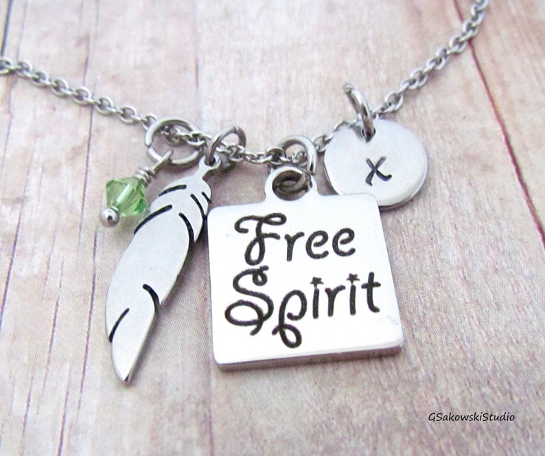 Free Spirit Feather Stainless Steel Charm Personalized Hand Stamped Initial Birthstone Tribal Boho Necklace