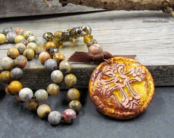 Ceramic Cross Stone Beads Necklace, Semi Precious Stones Ceramic Cross Pendant Knotted Stone Beads Necklace