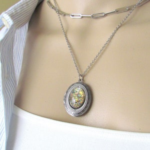 Fire Opal Cabochon Locket Necklace, Vintage Fire Opal Cabochon Locket Necklace, Antique Silver Oval Opal Locket Layered Necklace