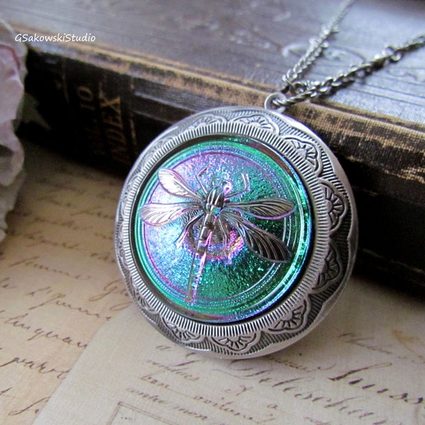 Vintage Style Platinum Dragonfly Large Locket Necklace, Czech Art Glass Dragonfly Cab Antique Silver Locket Necklace