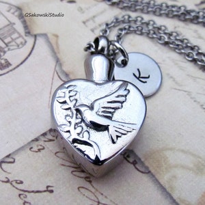Dove Heart Urn Personalized Necklace, Hand Stamped Cremation Memorial Peace Dove Stainless Steel Urn Pendant Necklace