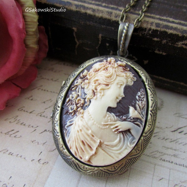 Large Lady Cameo Locket Necklace, Vintage Inspired Oval Lady with Bird Cameo Locket Necklace