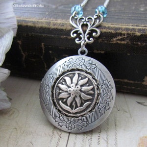 Antique Silver Edelweiss Locket Necklace