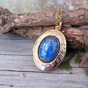 Blue Vintage Glass Cabochon Locket Necklace, Blue Gold Sparkle Glass Cabochon Gold Oval Locket Layered Necklace
