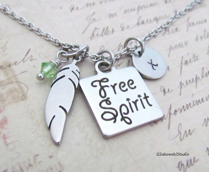 Free Spirit Feather Stainless Steel Charm Personalized Hand Stamped Initial Birthstone Tribal Boho Necklace