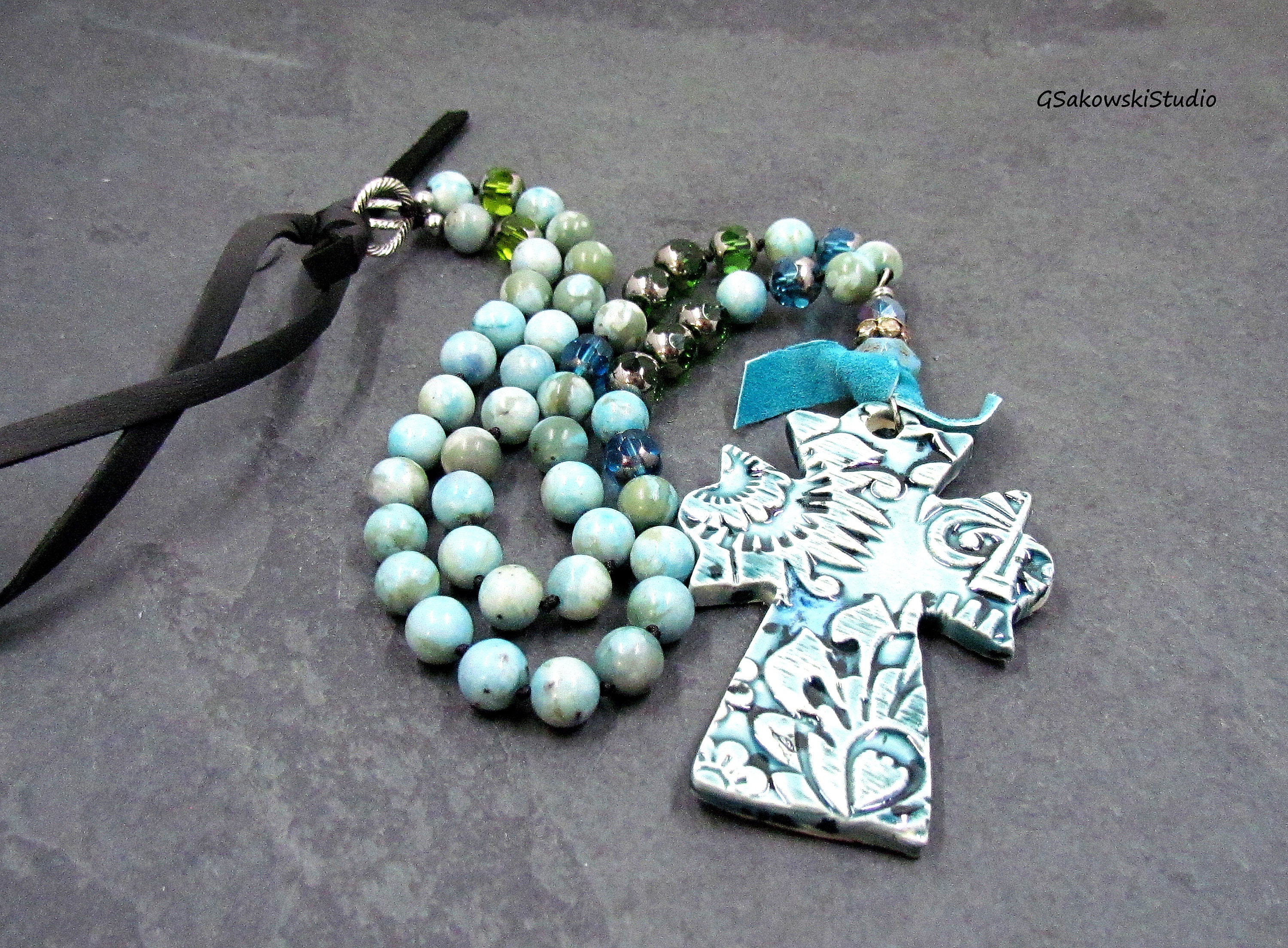 Ceramic Cross Pendant Necklace Hand Knotted Semi Precious Etsy