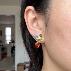 Bird and Berry Stud Earrings, 18K Gold-Plated Copper with Silver Posts