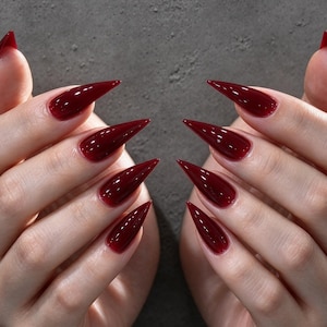 May include: Two hands displaying long, stiletto-shaped fingernails painted in a glossy, deep dark red polish. The nails are pointed and sharp, featuring a smooth, reflective finish that highlights the intense, saturated crimson color.