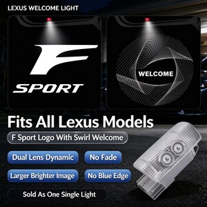 Puede incluir: Un proyector de luz de bienvenida Lexus con el logotipo F Sport y un patrón de bienvenida en espiral. El dispositivo es una unidad rectangular de plástico transparente con lentes duales. El texto incluye LEXUS WELCOME LIGHT, Fits All Lexus Models, F Sport Logo With Swirl Welcome, Dual Lens Dynamic, No Fade, Larger Brighter Image, No Blue Edge y Sold As One Single Light.
