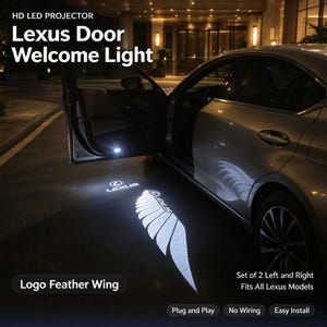 Puede incluir: Un proyector LED HD para vehículo Lexus que proyecta una luz blanca brillante en el suelo. La proyección muestra un gráfico de ala de pluma estilizada con el logotipo y el texto de Lexus. El conjunto incluye dos unidades para puertas izquierda y derecha.