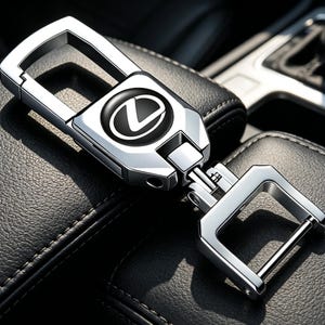 Pode incluir: Um porta-chaves de metal prateado com acabamento polido e um emblema circular central com o logótipo Lexus em preto e prata. O design inclui um clipe retangular tipo mosquetão no topo e um anel em forma de D articulado na parte inferior.