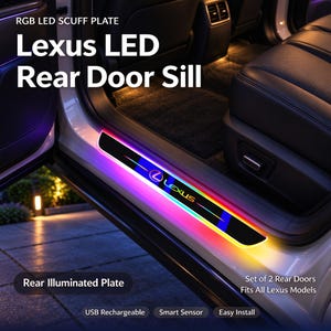 Puede incluir: Una placa de umbral de puerta trasera Lexus con LED RGB. La placa rectangular negra presenta el logotipo y el texto de Lexus, iluminados con una luz multicolor vibrante. El texto dice RGB LED SCUFF PLATE, Lexus LED Rear Door Sill, Rear Illuminated Plate, Set of 2 Rear Doors Fits All Lexus Models, USB Rechargeable, Smart Sensor, Easy Install.