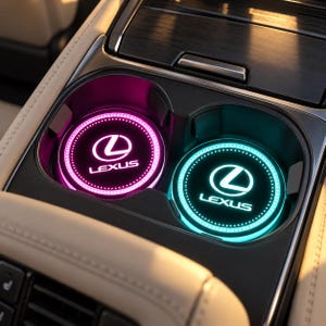 Puede incluir: Dos posavasos circulares LED para portavasos de coche con el logotipo y nombre de la marca Lexus. Un posavasos emite una luz rosa vibrante, mientras que el otro brilla en un color turquesa brillante. Ambos tienen un patrón de puntos circular.