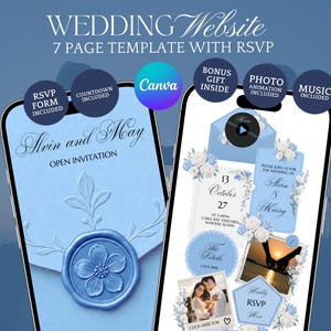 Peut inclure: Un modèle de site web de mariage pour Canva comprenant sept pages avec RSVP, compte à rebours, animation photo et musique. Le design présente des enveloppes bleu clair, des motifs floraux et le texte Alvin and May, Open Invitation, 13 October 27.
