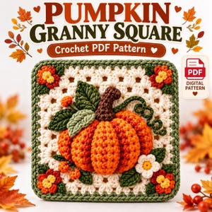 Op de afbeelding: Een gehaakt granny square met een centrale 3D oranje pompoen met een bruine steel, groene bladeren en een krullende rank. Het vierkant heeft een crèmekleurige achtergrond, een donkergroene rand en kleine oranje en witte bloemen.