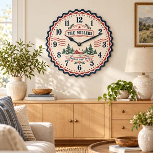 May include: A round wall clock with a scalloped edge, featuring a cream face, dark blue numbers, and red accents. The center displays the text THE MILLERS, a red house, green pine trees, and the text HOLIDAY POST 2026 with black clock hands.