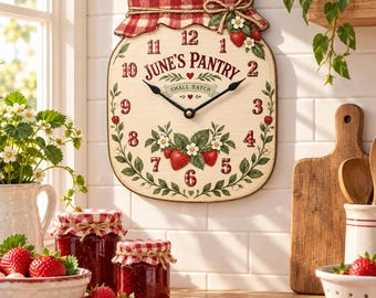Könnte beinhalten: Eine Wanduhr in Form eines Einmachglases mit rot-weiß kariertem Deckel, beschriftet mit JUNE'S PANTRY und SMALL BATCH. Das cremefarbene Zifferblatt zeigt rote Zahlen, schwarze Zeiger sowie Abbildungen von Erdbeeren und grünen Blättern.