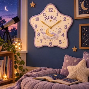 May include: A star-shaped wall clock with a cream-colored face, purple numbers, and gold hands. The clock features the name NORA, a crescent moon illustration, and the text SHINE SOFTLY. It has a purple border and is mounted on a dark blue wall.