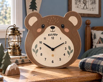Personalized Bear Clock for Kids, Custom Name Nursery Wall Decor, Cute Woodland Animal Clock