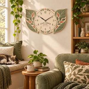 May include: A wall clock with a cream-colored face, black hands, and green leaf-shaped side panels. The clock features the text "CALM CORNER" and "THE BLAKES" printed in black, accented with small red hearts and green leaf illustrations.
