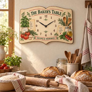 Peut inclure: Une horloge murale rectangulaire en forme de livre ouvert avec le texte THE BAKER'S TABLE et RECIPES & MEMORIES. Le cadran présente des aiguilles noires, les chiffres de 1 à 12 et des illustrations de basilic, tomates, ail, cuillère et huile.