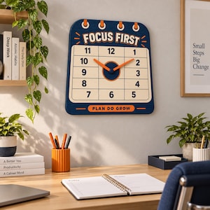 May include: A square wall clock with rounded top corners, featuring a dark blue frame and a cream-colored face. The clock displays the text FOCUS FIRST at the top and PLAN DO GROW at the bottom, with numbers 1 through 12 in a grid layout.