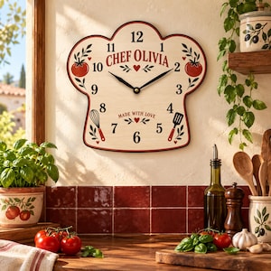 Chef Wall Clock, Kitchen Decor, Personalized Cooking Gift, Custom Name Clock, Made With Love