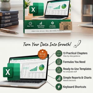 May include: A digital product guide titled The 2-Hour Excel Crash Course for Small Business Owners. The cover features a laptop displaying spreadsheet data, charts, and the Excel logo. It includes icons for saving time, making decisions, and templates.