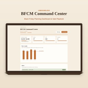 May include: A laptop screen displaying the Unboundless BFCM Command Center, a Black Friday planning dashboard and sale playbook. The interface shows revenue, orders, AOV, days left, a bar chart for pace vs. plan, and revenue pacing alerts.