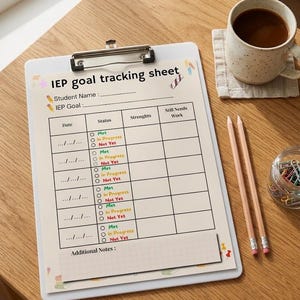 May include: A white clipboard holding an IEP goal tracking sheet with columns for date, status, strengths, and still needs work. The sheet features colorful icons, text, and a grid for notes. Two wooden pencils lie beside the clipboard.
