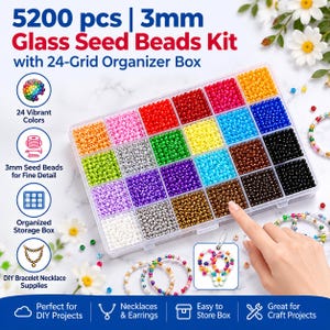 May include: A 5200-piece glass seed beads kit featuring 3mm beads in 24 vibrant colors, organized in a clear 24-grid storage box. The set includes various colored beads for jewelry making, displayed with finished beaded bracelets and necklaces.