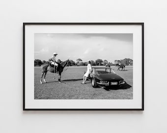 ヴィンテージ ポロ フェラーリ プリント、オールド マネー乗馬ポスター、クラシックカー ウォールアート、白黒高級写真、カントリークラブ装飾